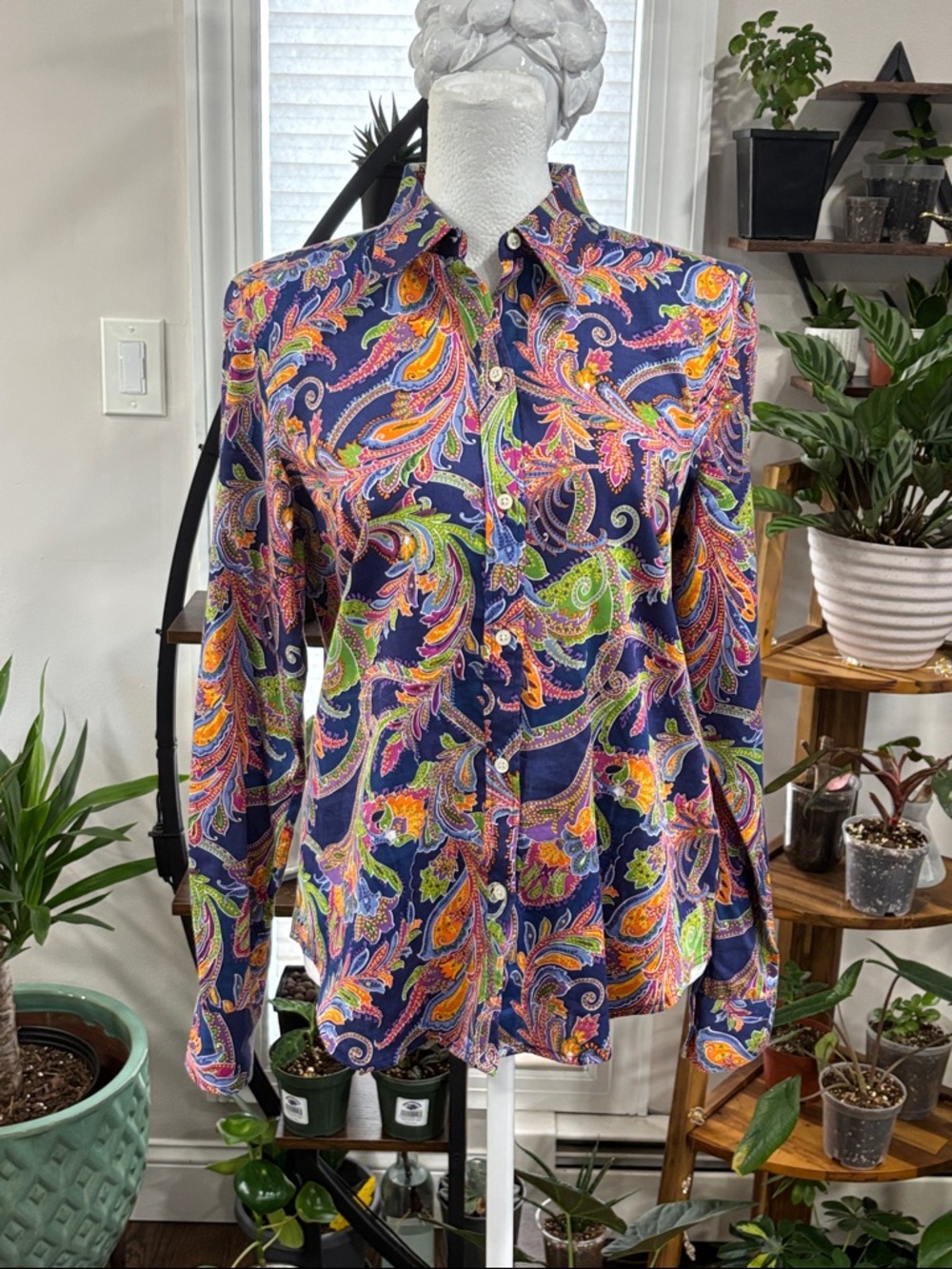 Lauren Ralph Lauren Vibrant Navy Paisley Button Up Blouse size PM